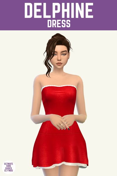 This is a product image for cc items from the Lumière Collection. At the top is a purple bar with white text that says "Delphine Dress" and below is a female sim posed with their elbows bent and hands together in front of themselves. They are wearing a strapless red dress with white trim. 