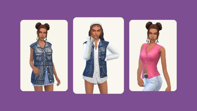 This image has a purple background with three rounded-edge rectangles and inside of those rectangles is the same sim with brown hair wearing different denim clothes