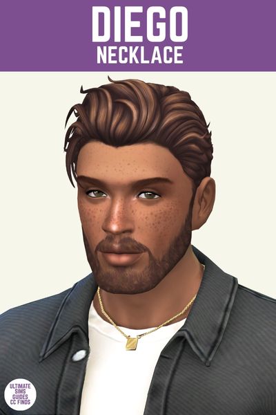 This image has a purple bar at the top with the words "Diego Necklace" in white. Below is a close up of a male sim with brown hair and a black denim jacket. They are wearing a gold chain necklace.