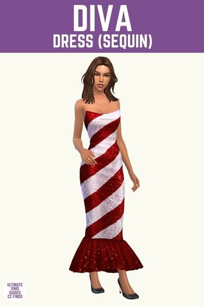 This is a product image for a dress from The Spotlight Collection. This image has a purple bar at the top and in white text it says "Diva Dress (Sequin)" and below is a sim with brown hair wearing a candy cane striped dress 