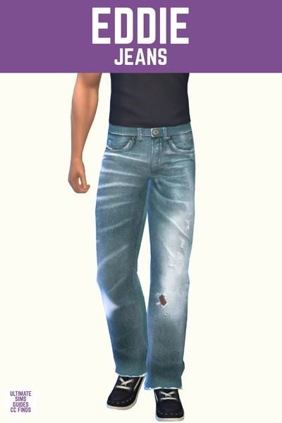 This image has a purple bar at the top with white text that says "Eddie Jeans" and below is a sim from the waist down. The sim is wearing a black t-shirt tucked into denim washed jeans. 