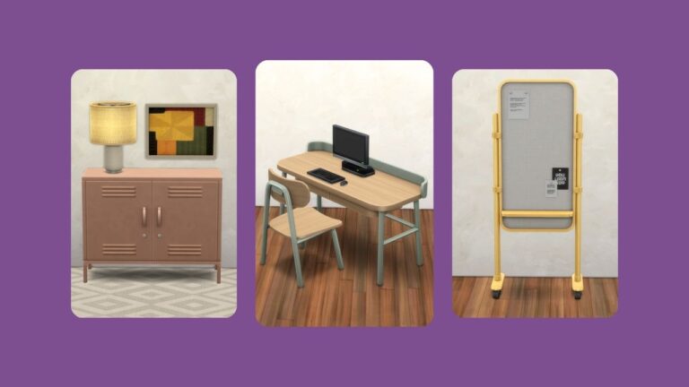 This image has a purple background with three rounded-edge rectangles and inside those rectangles are images of office furniture from the edge set