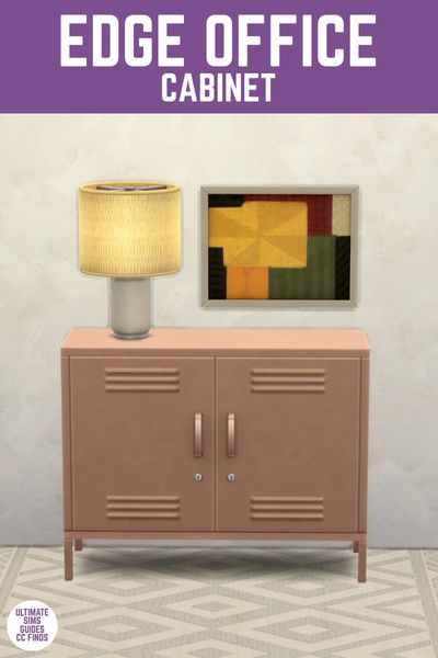 This image has a purple bar at the top with white text that says "Edge Office Cabinet" and below is an image of a locker style cabinet with a lamp on one side and a small picture on the other.