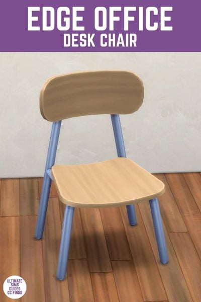 This image has a purple bar at the top with white text that says "Edge Office Desk Chair" and below is a chair with blue metal bars and a wooden seat and back rest.