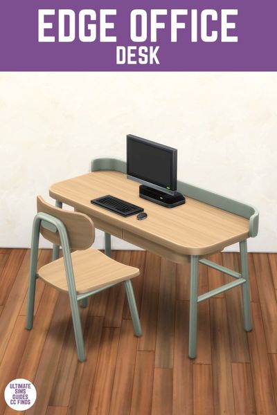 This image has a purple bar at the top with white text that says "Edge Office Desk" and below is a wooden desk with green metal legs, a black computer and a matching chair.
