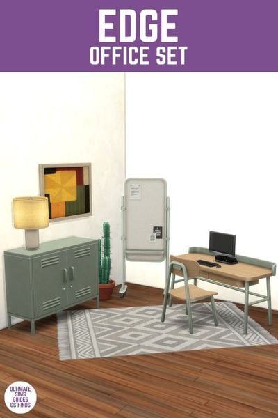 This image has a purple bar at the top with white text that reads "Edge Office Set" and below is an image of a set of office furniture in green 