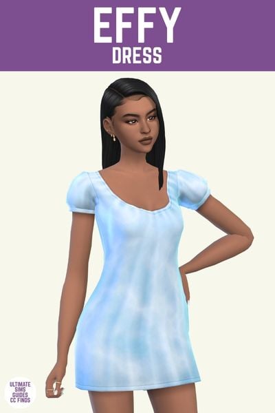 This image has a purple bar at the top with white text that says "Effy Dress" and below is a sim with black shoulder length straight hair. They are wearing a mini dress in a blue cloud print with puff sleeves. 