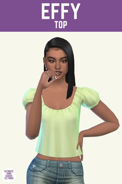 This image has a purple bar at the top with white text that says "Effy Top" and below is a sim with black hair wearing a puff sleeve green t-shirt 