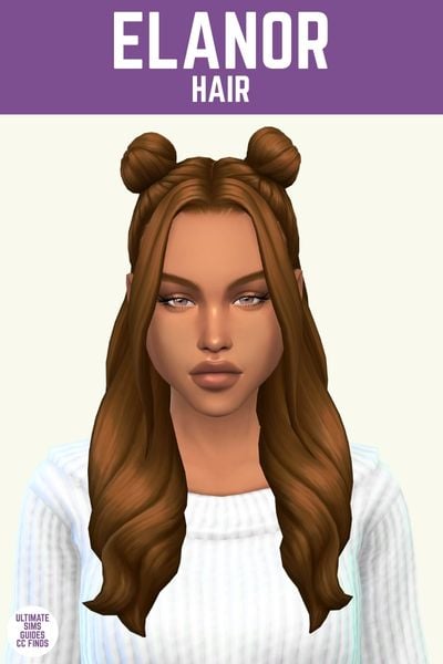 This image has a purple bar at the top that says "Elanor Hair" and below is a sim with a half-up hair with space buns on either side 