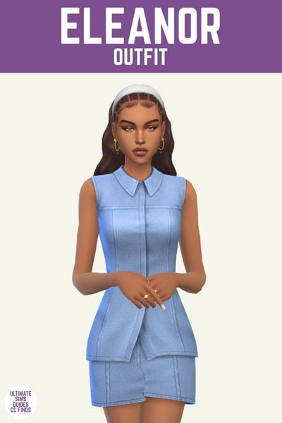 This image has a purple bar at the top with white text that says "Eleanor Outfit" and below is a sim wearing a sleeveless denim top and skirt outfit. 
