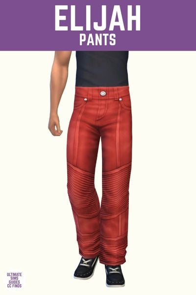 This image has a purple bar at the top with white text that says "Eliljah Pants" and below is a sim from the waist down. The sim is wearing bright red pants with line details across the knees. 