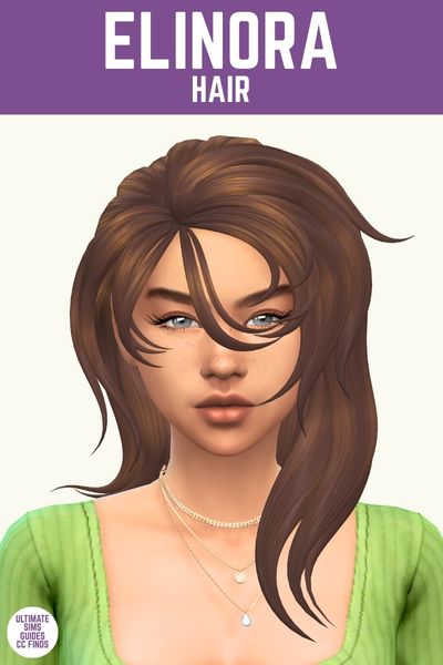 This image has a purple bar at the top with white text. The text says "Elinora Hair" and below is a sim with brown hair with a side part and messy pieces in front of the face 