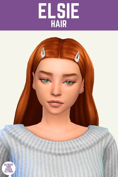 This image has a purple bar at the top with white text that says "Elsie Hair" and below is a sim from the chest up. The sim is wearing a grey knit sweater and has red hair, center part behind their back with a barette on either side 