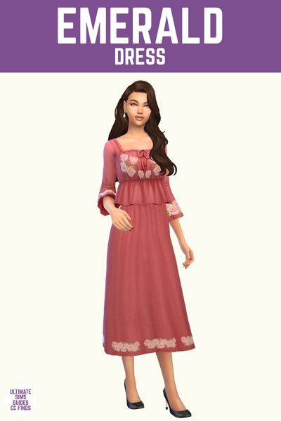 This image has a purple bar at the top that has white text says "Emerald Dress" and below is a sim wearing a peasant style dress with rose designs 