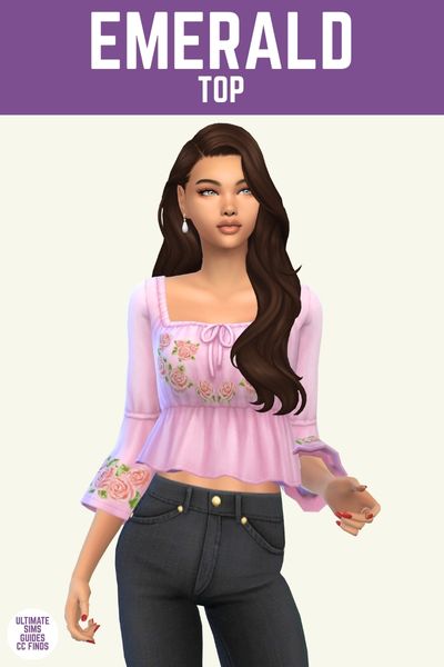This image has a purple bar at the top that has white text says "Emerald Top" and below is a sim with brown hair wearing a pink peasant style top with rose designs and black jeans 