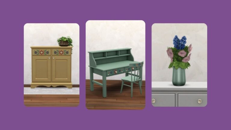 This image has a purple background with three rounded-edge rectangles. Inside of those are images of various pieces of furniture from the essen nook set.