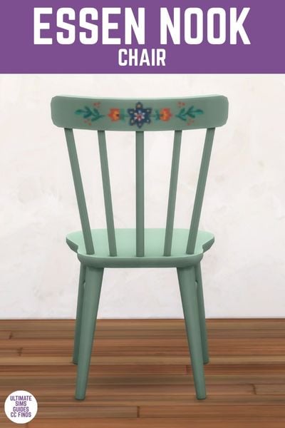 This image has a purple bar at the top with white text that says "Essen Nook Chair" and below is a back of a wooden chair painted teal with flowers on it.