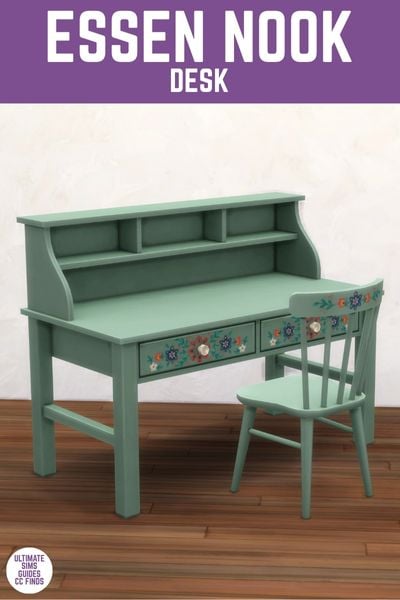 This image has a purple bar at the top with white text that says "Essen Nook Desk" and below is an image of a teal desk and chair with flowers painted on them 