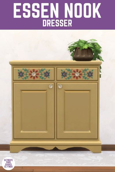 This image has a purple bar at the top with white text that says "Essen Nook Dresser" and below is an image of a yellow painted dresser with flowers on the drawers. 