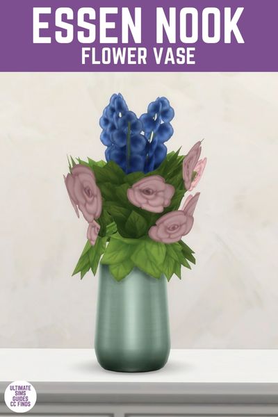 This image has a purple bar at the top with white text that says "Essen Nook Flower Vase" And below that is a close up image of a flower vase in teal with pink and blue flowers. 