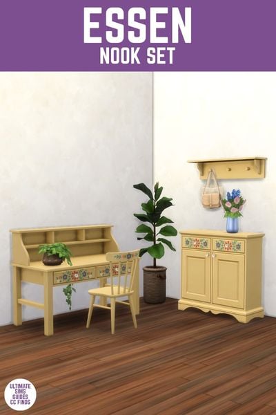 This image has a purple bar at the top with white text that reads "Essen Nook Set" and below is a set of furniture in yellow with flowers painted on them 