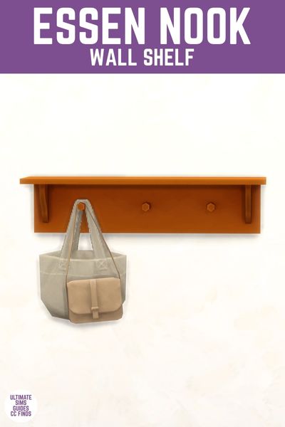 This image has a purple bar at the top with white text that says "Essen Nook Wall Shelf" And below that is an orange wall shelf with two bags hanging down. 