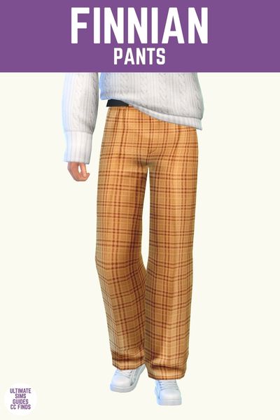 This image has a purple bar at the top with white text. The text says "Finnian Pants" and below is a sim from the waist down wearing orange and yellow plaid pants. 