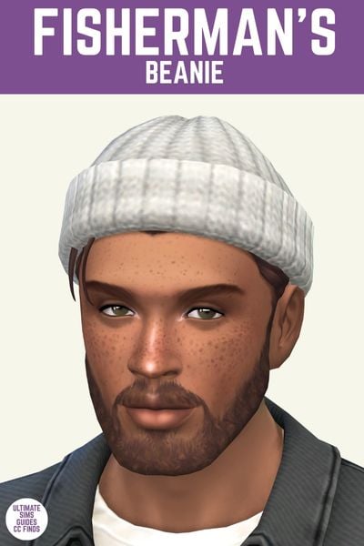 This image has a purple bar at the top with the words "Fisherman's Beanie" in white. Below is a close up of a sim wearing a white knit beanie.
