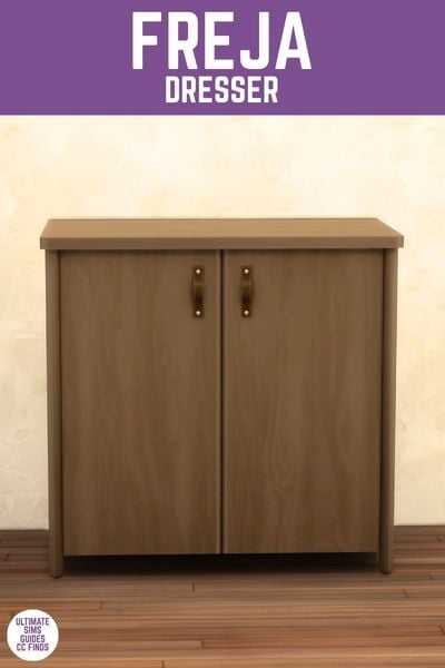 This image has a purple bar at the top with white text that reads "Freja Dresser" and below is a wooden cabinet with two doors. 
