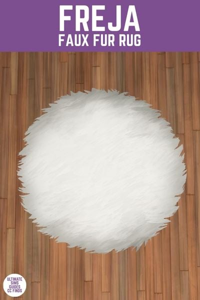 This image has a purple bar at the top with white text that reads "Freja Faux Fur Rug" and below is a rounded fluffy white rug from a top down view 