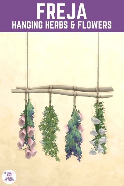 This image has a purple bar at the top with white text that reads "Freja Hanging Herbs & Flowers" and below is a set of two twigs with hanging herbs and flowers. 