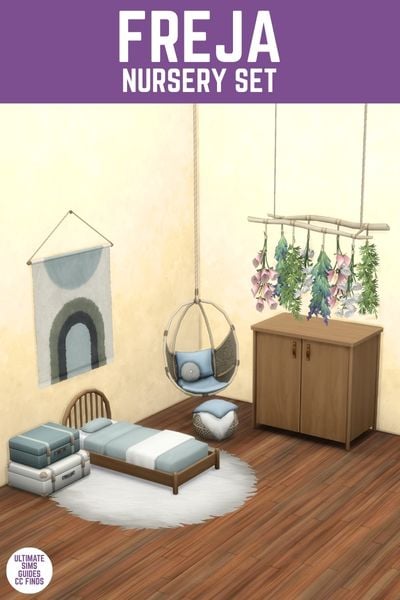 This image has a purple bar at the top with white text that reads "Freja Nursery Set" and below is a cute nursery with a dresser, a hanging chair, a pouf and a toddler bed. 