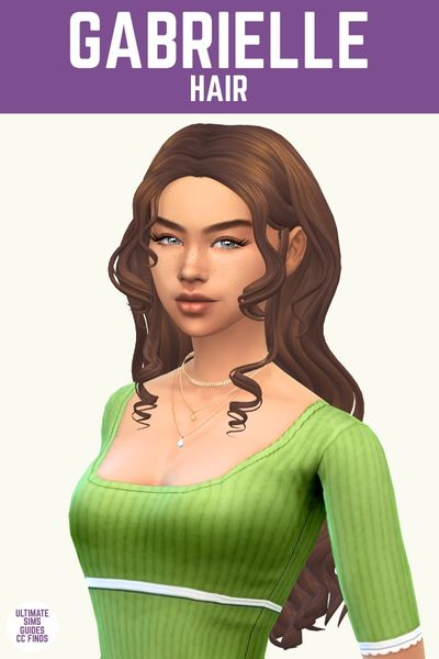 This image has a purple bar at the top with white text. The text says "Gabrielle Hair" and below is a sim looking straight ahead but body faced on an angle and they have brown curly hair 