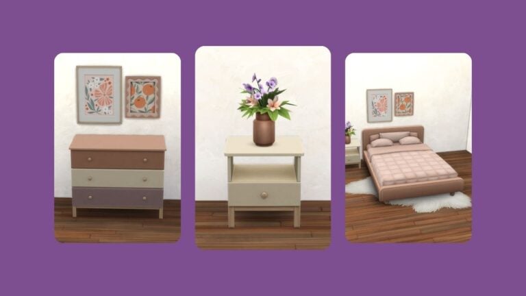 This image has a purple background with three rounded edge rectangles filled with furniture from the gemini collection
