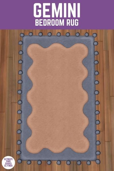 This image has a purple bar at the top with white text that says "Gemini Bedroom Rug" and below is a top down view of a rug. 