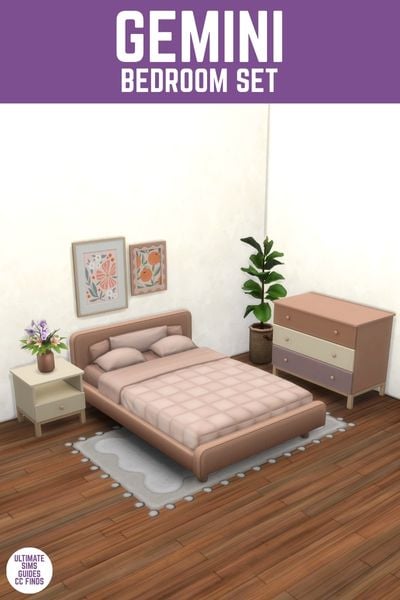 This image has a purple bar at the top with white text that reads "Gemini Bedroom Set" and below is a simple bedroom with a quilted bedspread, a three drawer dresser and art on the wall. 