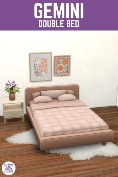This image has a purple bar at the top with white text that says "Gemini Double Bed" and below is an image of a pink fabric bed frame and pink blankets. 