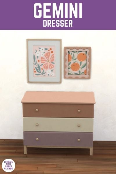 This image has a purple bar at the top with white text that says "Gemini Dresser" and below is a three drawer dresser where every drawer is a different colour. Above the dresser are two framed pieces of wall art. 