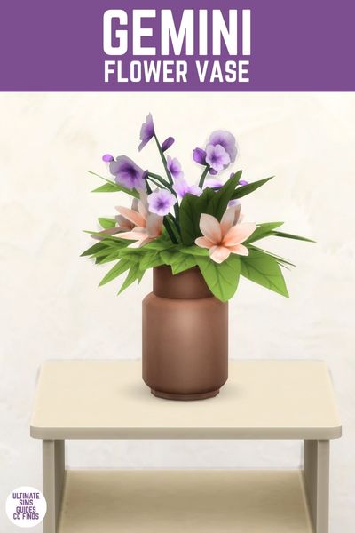 This image has a purple bar at the top with white text that says "Gemini Flower Vase" and below is a brown vase sitting on a table with green and pink flowers and greenery. 