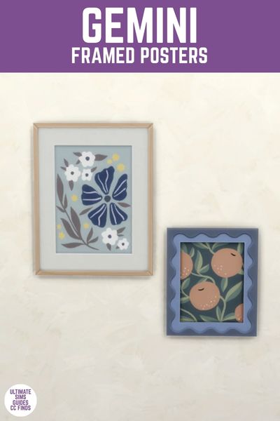 This image has a purple bar at the top with white text that says "Gemini Framed Posters" and below is a stucco wall with two framed pictures. One has fruit and one has flowers. 