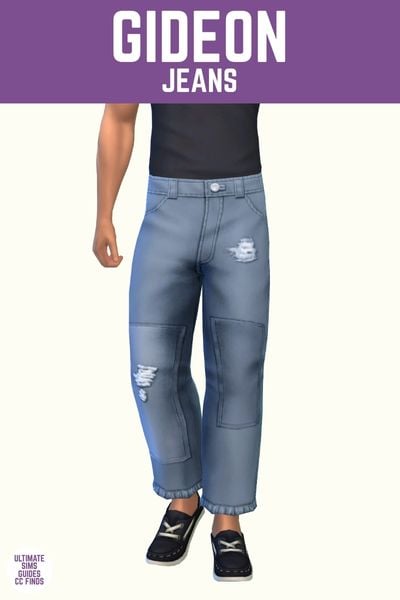 This image has a purple bar at the top with white text that says "Gideon Jeans" and below is a sim from the waist down. They are wearing a black t-shirt tucked into straight leg blue jeans with patches on the knees. 