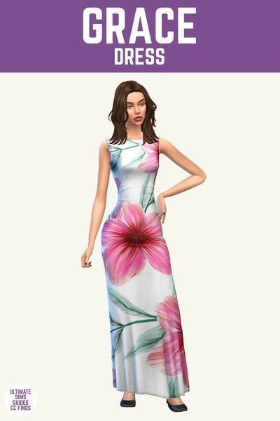 This image has a purple bar at the top with white text that reads "Grace Dress" and below is a sim with shoulder length brown hair wearing a white maxi dress with pink florals