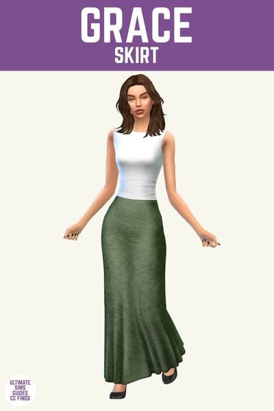 This image has a purple bar at the top with white text that reads "Grace Skirt" and below is a sim posed wearing a high-neck white tank top and a green maxi skirt
