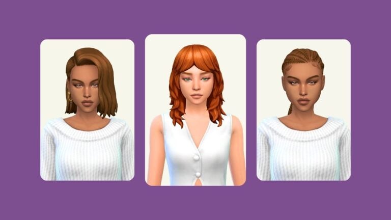 This image has a purple background with three rounded edge rectangles. Inside the rectangles are sims wearing white and having different hairstyles.