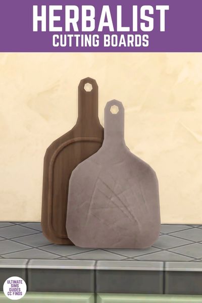 This image has a purple bar at the top with white text that says "Herbalist Cutting Boards" and below are two cutting boards against a wall. 