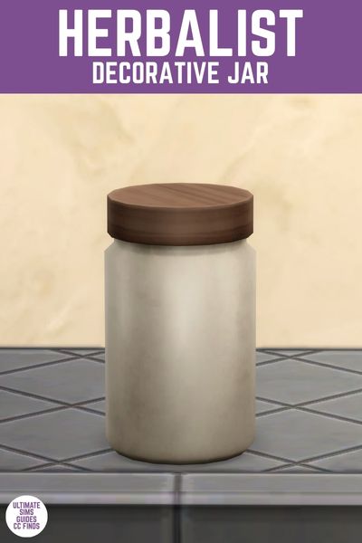 This image has a purple bar at the top with white text that says "Herbalist Decorative Jar" and below is a jar with a wooden lid 