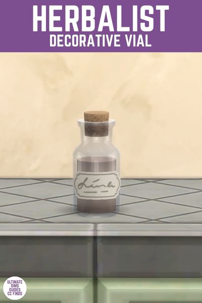 This image has a purple bar at the top with white text that says "Herbalist Decorative Vial" and below is a small glass jar with a cork stopped and a small label. 