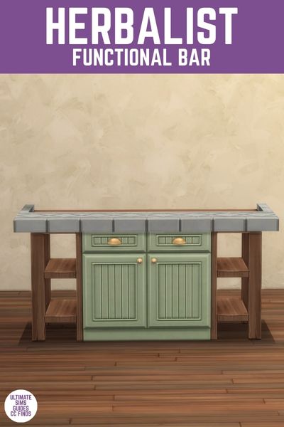 This image has a purple bar at the top with white text that says "Herbalist Functional Bar" and below is a wooden bar with a green cabinet and tile counter top. 