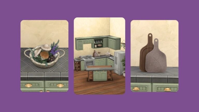 This image has a purple background with three rounded-edge rectangles and inside of the rectangles are images of kitchen decor