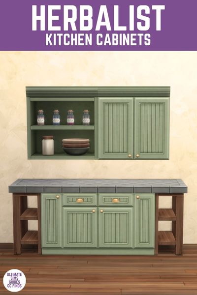 This image has a purple bar at the top with white text that says "Herbalist Kitchen Cabinets" and below is a set of green cabinets. 
